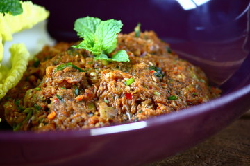 spicy minced catfish with herb delicious thai food