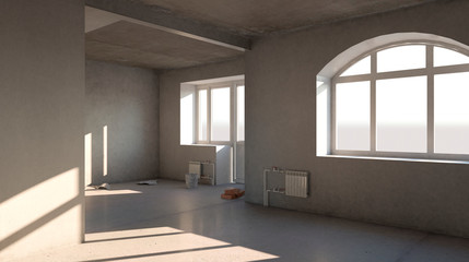 empty room before renovation. 3D render