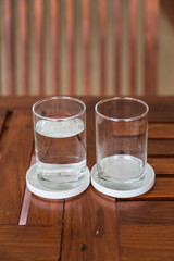 glass of water on wooden table