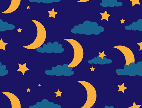 Seamless pattern of moon and star on night sky background - Vector illustration 