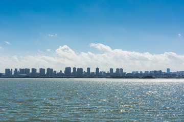 Beautiful Toronto skyline with CN Tower over lake. Canada.