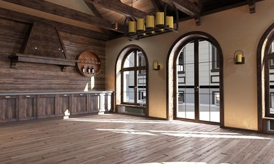Naklejka premium The interior of the kitchen in a rustic style. 3d render