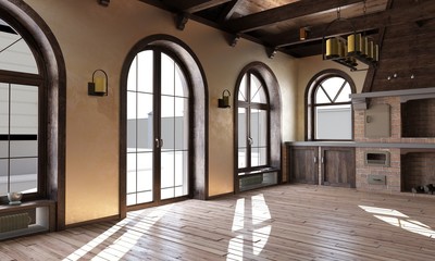 The interior of the kitchen in a rustic style. 3d render