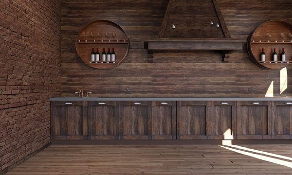 The interior of the kitchen in a rustic style. 3d render