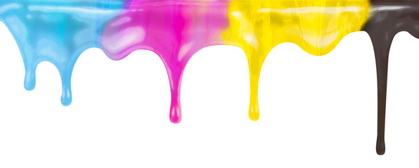 CMYK ink color paint dripping isolated on white - obrazy, fototapety, plakaty