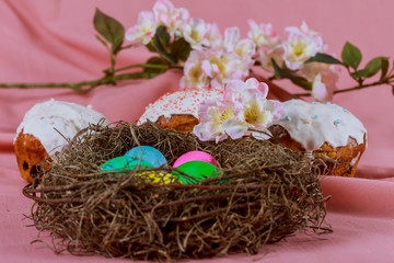 Easter eggs in Easter cake basket with colorful decorated in a rainbow of colors