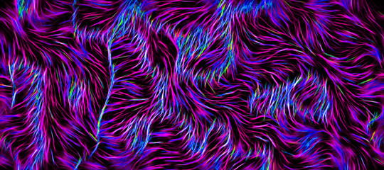 Fluffy artificial fur abstract neon pattern. Glowing multicolor background