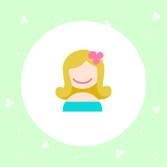 Girl face icon. Bright cartoon avatar for the Internet, sticker, stripes, typography