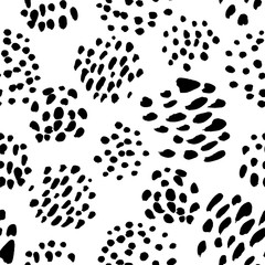 Vector seamless pattern. Black and white painted watercolor points, dots, lines, strips. Hand drawn texture elements. 