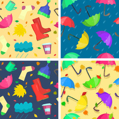 Collection of bright autumn seamless patterns. Indispensable attributes of any autumn: rain, leaf fall, umbrellas, rubber boots and other cozy things for bad weather