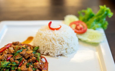 Stir Fried Pork Basil,Thai spicy food basil pork fried rice recipe (Krapao Moo)