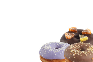 Different bright tasty donuts on a white background. Place under the text. Diversity.