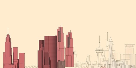 Panorama cityscape Sketch. Architecture sketch - 3D Illustration.