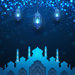Fototapeta na wymiar Ramadan kareem background with glowing hanging lantern and mosque. Greeting card background with 3D paper cut style.