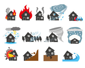 自然災害　イメージ　住宅　保険　マイホーム　シルエット