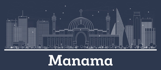 Outline Manama Bahrain City Skyline with White Buildings.