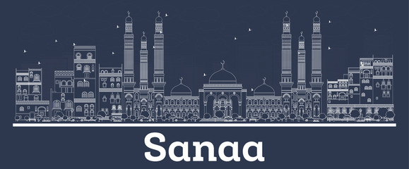 Outline Sanaa Yemen City Skyline with White Buildings. - obrazy, fototapety, plakaty