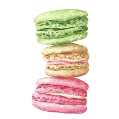 Hand drawn watercolor cakes, stack of French pastries macarons isolated on white background. Delicious food illustration.