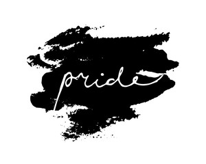 minimal monochrome illustration with hand written Pride word augmented with watercolor light texture.