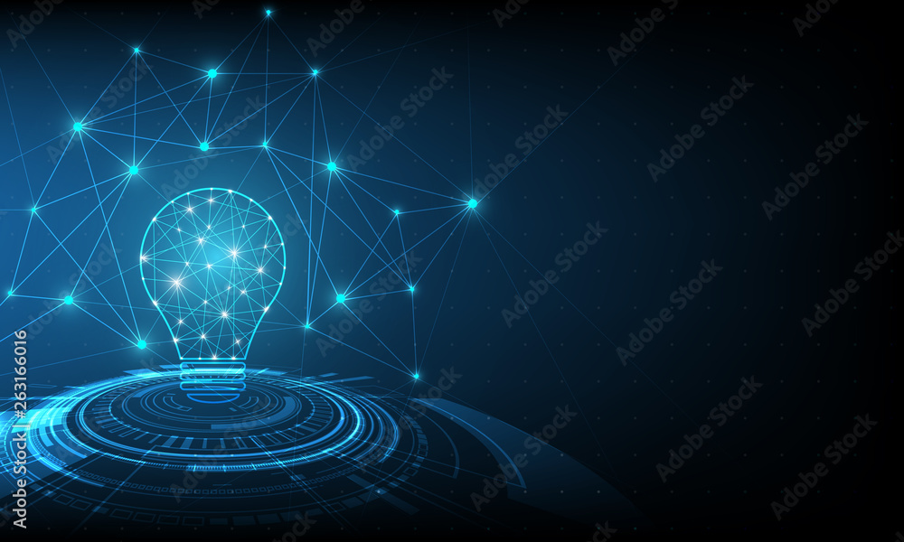 Aufkleber vector circle tech with light blue and lamp bulb consisting of points on blue background.