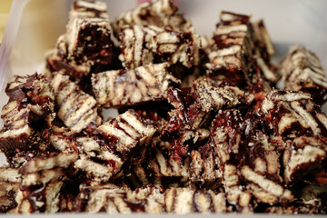 A local homemade Chocolate Kek batik chunks (Batik Cake) from Malaysia
