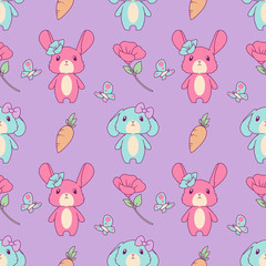 Cute seamless pattern with pink and blue cartoon easter bunny, spring flowers and carrots on violet background