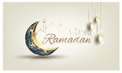 Ramadan kareem with golden ornate crescent and islamic line mosque dome with classic pattern with lantern greeting  card islamic celebration luxury background for graphic design