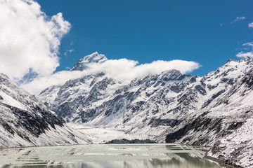 Mount Cook and Hooker lake with snow in the spring