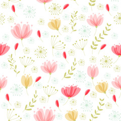Vector floral pattern in doodle style with flowers and leaves.