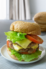 Hamburger with beef,cheese,lettuce,onion and tomato in white dish on concrete table.