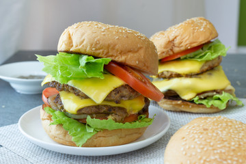 Hamburger with beef,cheese,lettuce,onion and tomato in white dish on concrete table.
