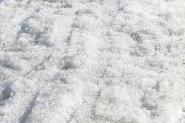 Abstract snow texture. Early spring snow background close up