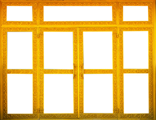Carved patterns on gold wooden doors at thai temple. On white background