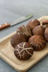 shiitake in wooden dish on concrete table.