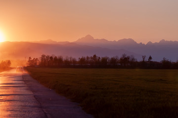 Obraz premium evening roag heading beautiful to sunset horizon