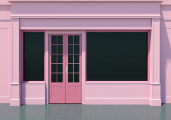 Classic pink shopfront with large windows. Small business pink store facade