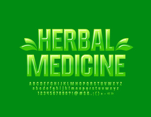 Vector green logo Herbal Medicine with Glossy Font. Set of creative Alphabet Letters, Numbers and Symbols