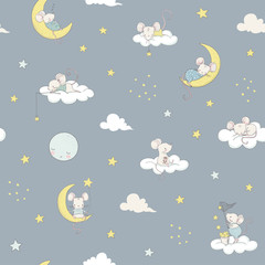 Childish seamless pattern white cute little mouses on the moon