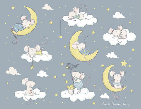 Set of cute cartoon mouses. Vector illustration