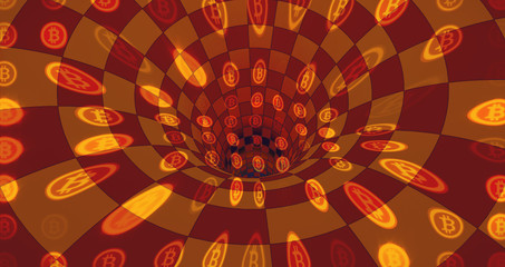 Golden bitcoin on hypnotic background