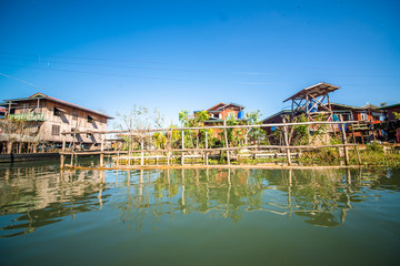 Fototapeta premium Strolling by boat in Inle Lake, Myanmar.
