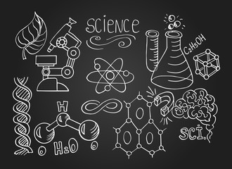 Chemical formula and outlines on blackboard. Hand drawn cartoon background of Science theme.  Vector doodle set. 