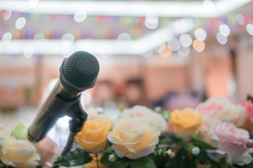 Seminar Conference Concept : Close-up Microphones on abstract blurred of speech in conference...
