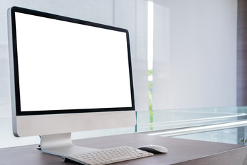Pc or desktop computer monitor mockup with white blank screen, keyboard mouse in modern style for customer text or photo advertising in desk office. Technology mock up for use concept