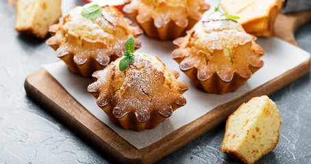 Fresh homemade delicious vanilla muffins with powdered sugar.