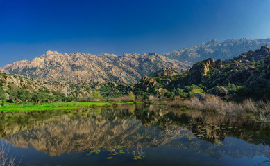 Scenic view of Latmos Mountains, Bafa Lake National Park. Milas, Turkey. Besparmak Mountains. Reflection detail.