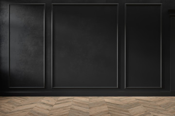 Modern classic black empty interior with wall panels and wooden floor. 3d render illustration mock...
