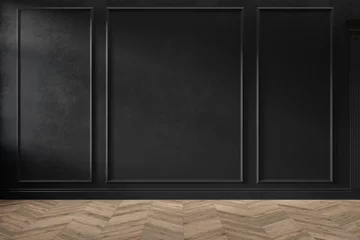 Crédence de cuisine en verre imprimé Mur Intérieur vide noir classique moderne avec panneaux muraux et parquet. illustration de rendu 3d maquette.