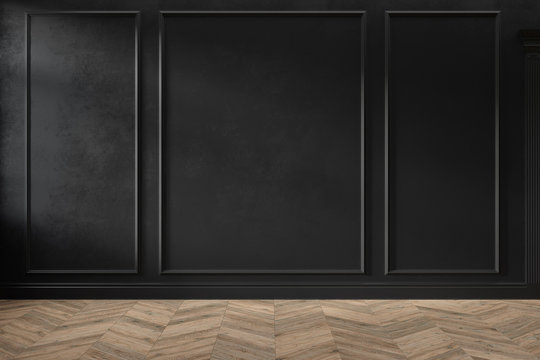 Modern classic black empty interior with wall panels and wooden floor. 3d render illustration mock up.