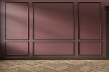 Modern classic red, marsala, burgundy color empty interior with wall panels, mouldings and wooden floor. 3d render illustration mock up.